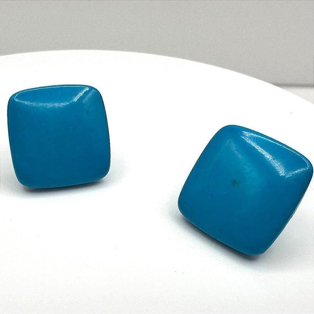 Vintage 90s Turquoise Blue Enamel Square Stud Earrings Retro Statement Jewelry